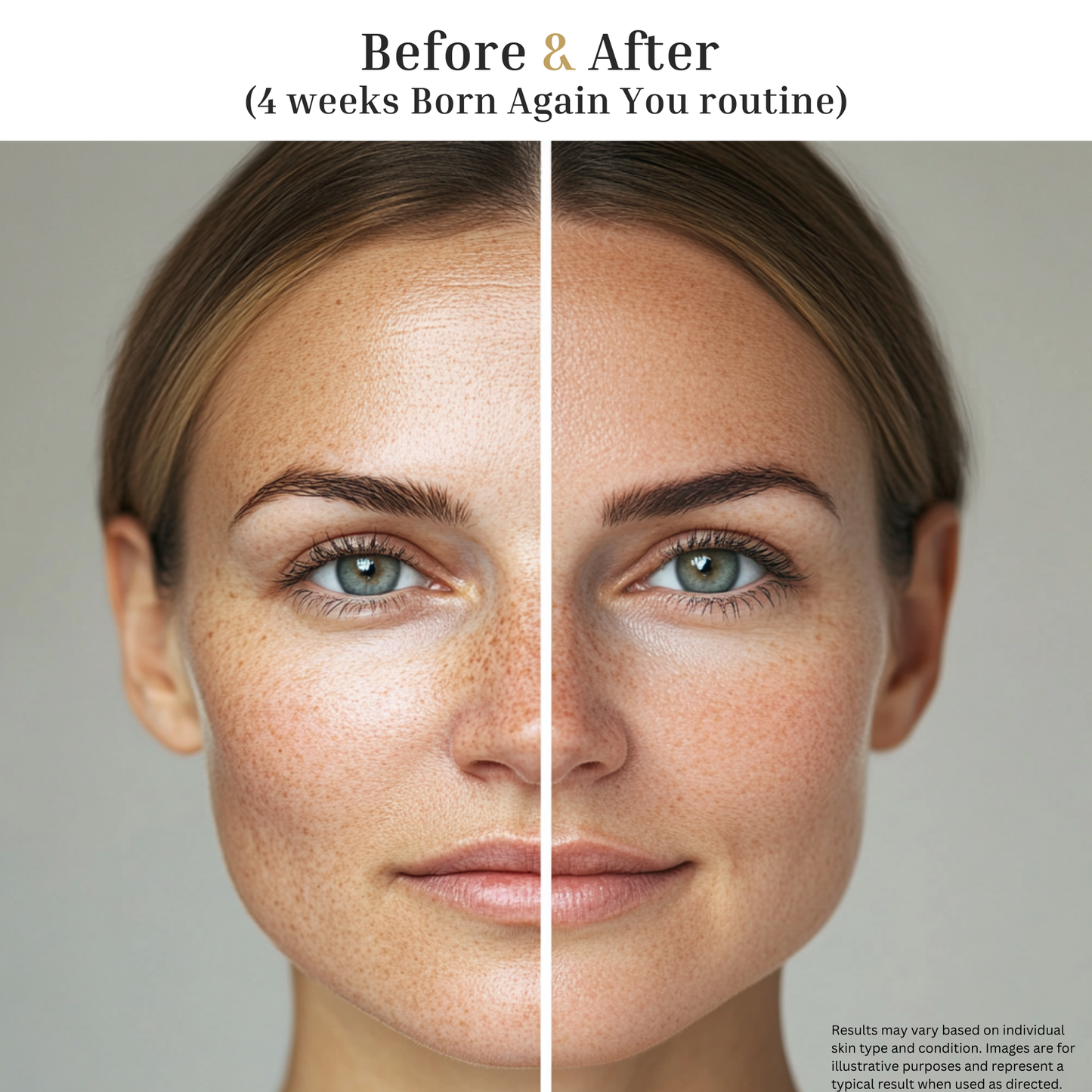 Before and after results using Born Again You Vitamin C Serum — brighter skin tone, reduced dark spots, improved radiance