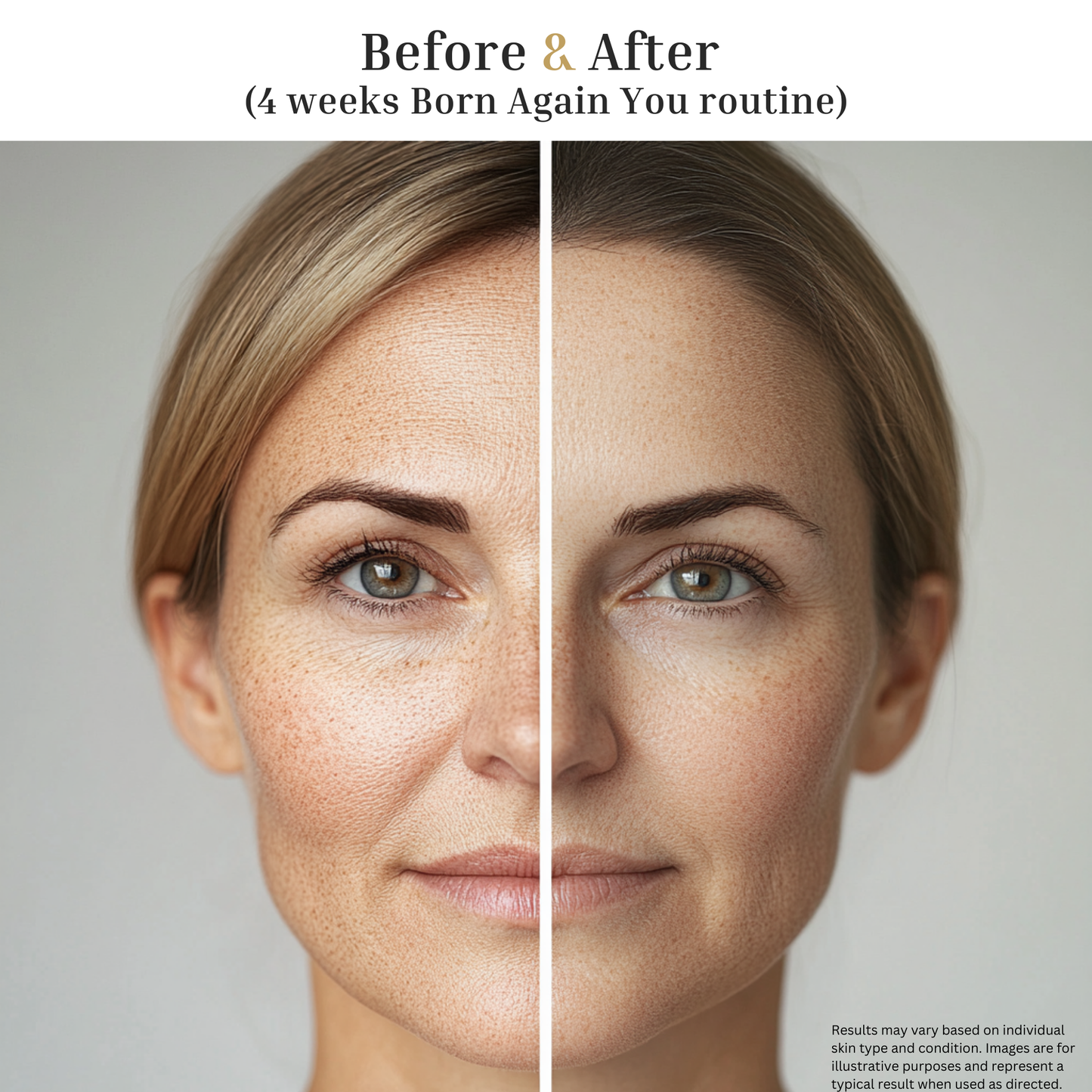 Before and after using Born Again You Face Cleanser — refreshed, purified, glowing skin