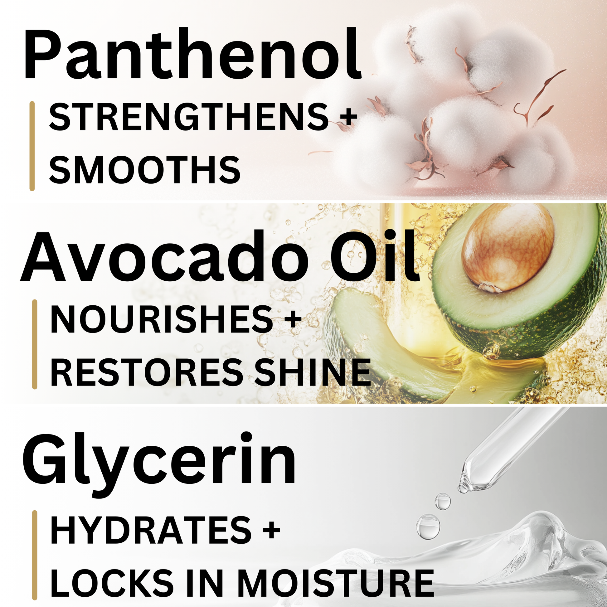 Hair mask ingredients — avocado oil, panthenol, and botanicals for hydration and repair