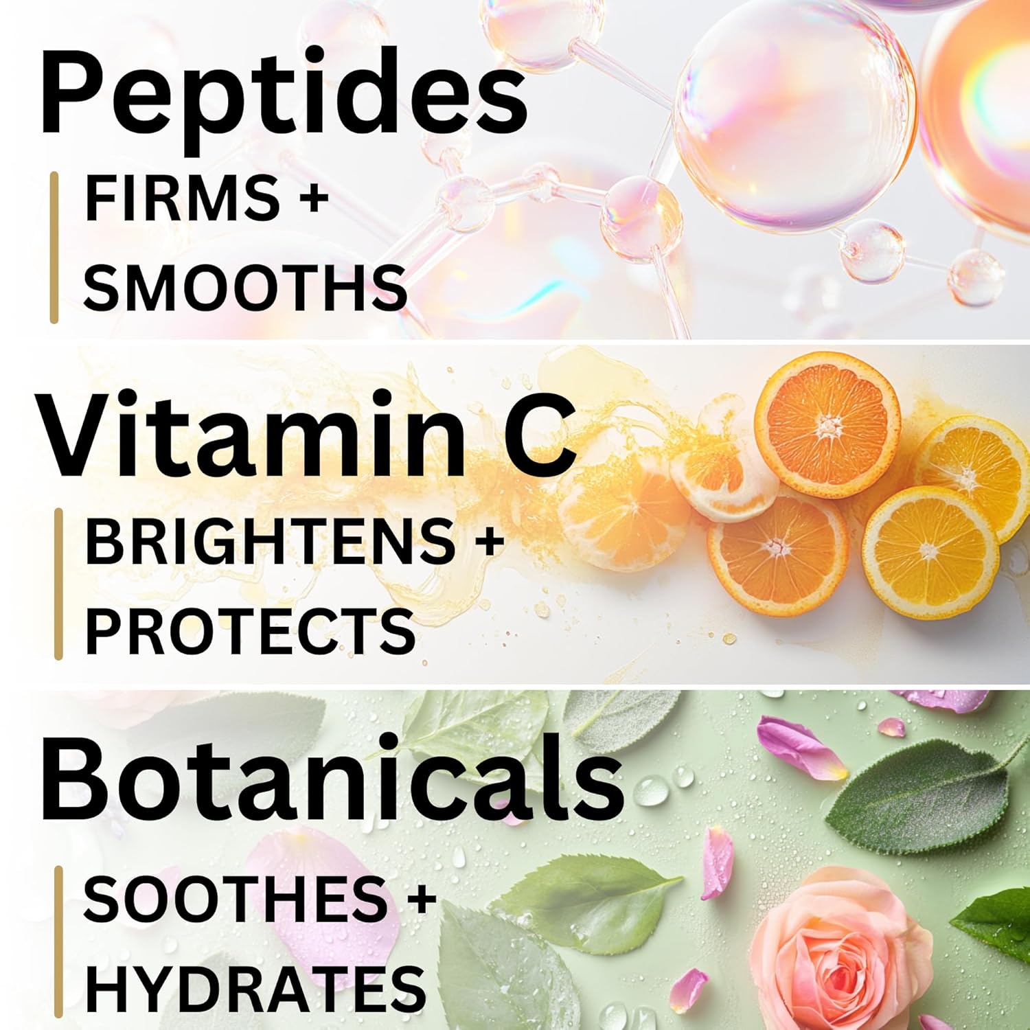 Peptide serum ingredients — acetyl hexapeptide-8, tri-peptides, acai berry, willow herb, and vitamin C for renewal