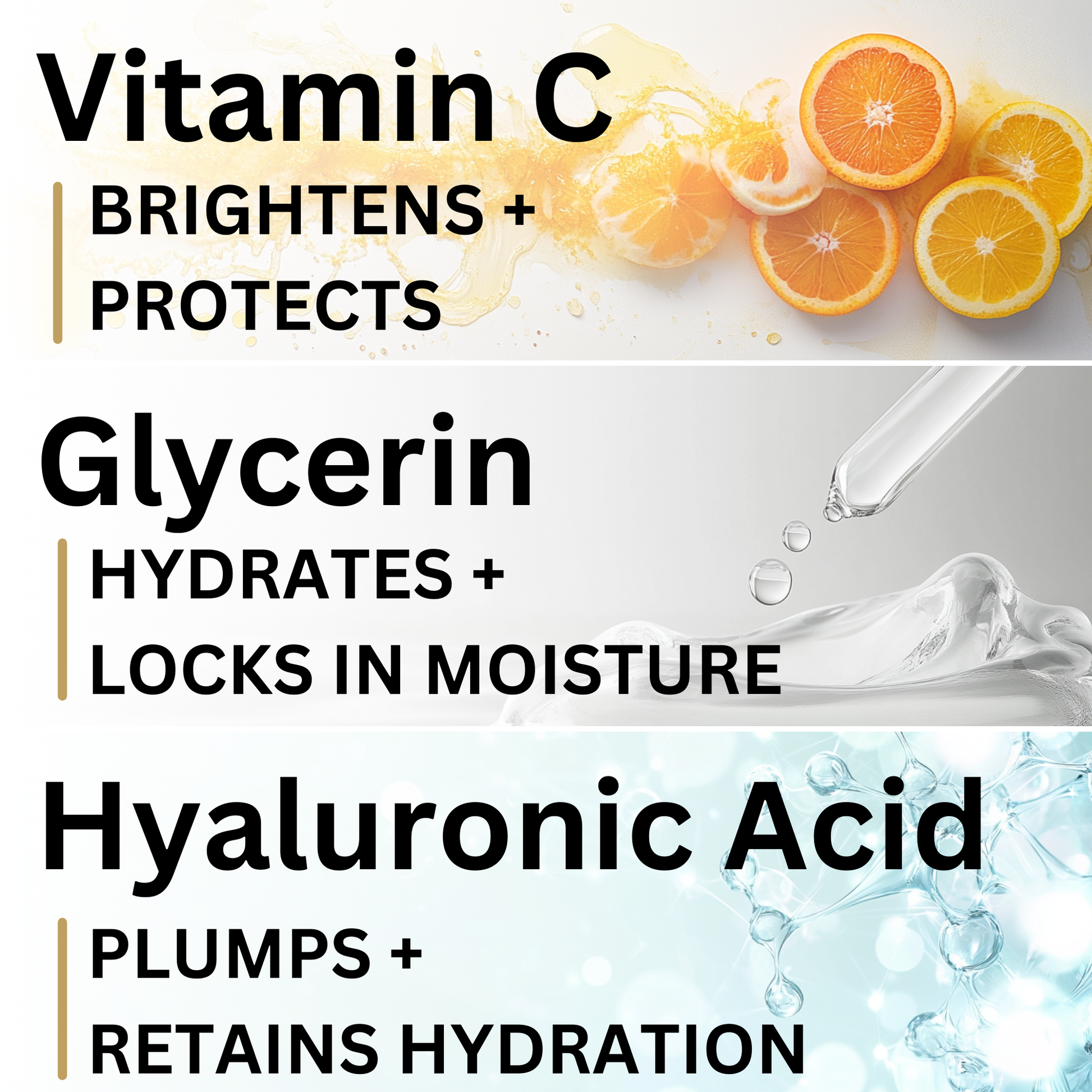 Vitamin C serum ingredients — sodium ascorbyl phosphate, hyaluronic acid, chamomile, and orange extract for radiant skin